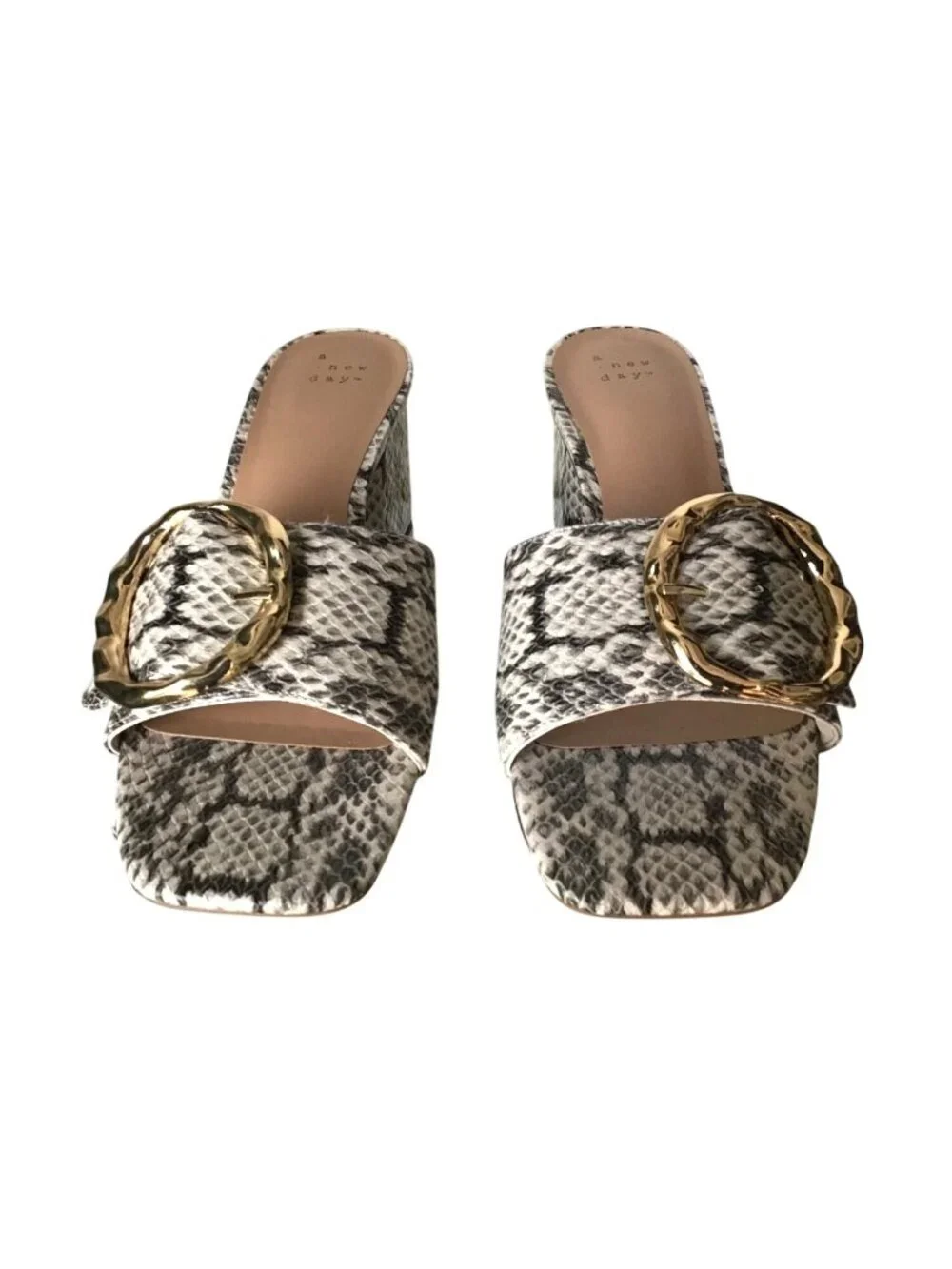 Snake-skin Block Heel Slide Sandals with Gold Buckle by A New Day - Women's Shoe